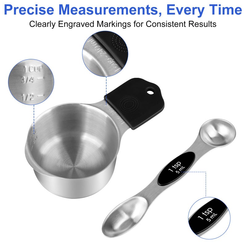 vfuni Magnetic Measuring Cups & Spoons Set, Strong N45 Magnets, Heavy Duty Stainless Steel Fits in Spice Jars for Baking & Cooking, BPA Free, Round Set of 15 with Leveler,Dark Black - Image 4