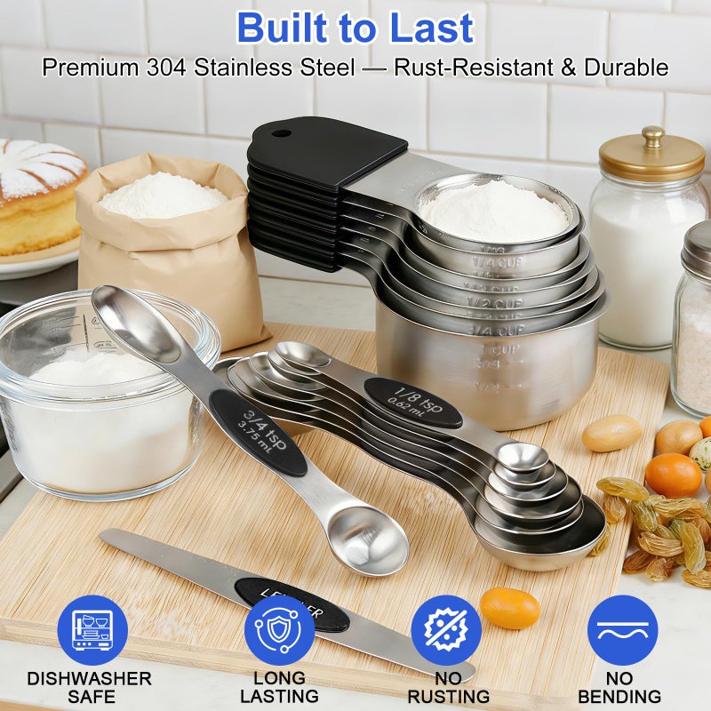 vfuni Magnetic Measuring Cups & Spoons Set, Strong N45 Magnets, Heavy Duty Stainless Steel Fits in Spice Jars for Baking & Cooking, BPA Free, Round Set of 15 with Leveler,Dark Black - Image 2