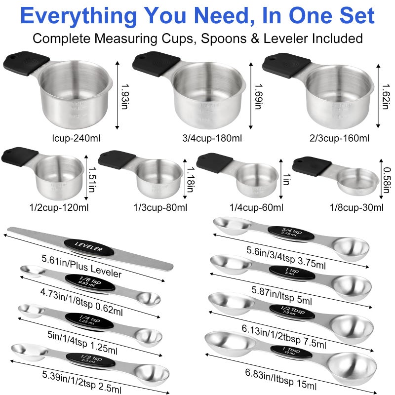 vfuni Magnetic Measuring Cups & Spoons Set, Strong N45 Magnets, Heavy Duty Stainless Steel Fits in Spice Jars for Baking & Cooking, BPA Free, Round Set of 15 with Leveler,Dark Black - Image 3