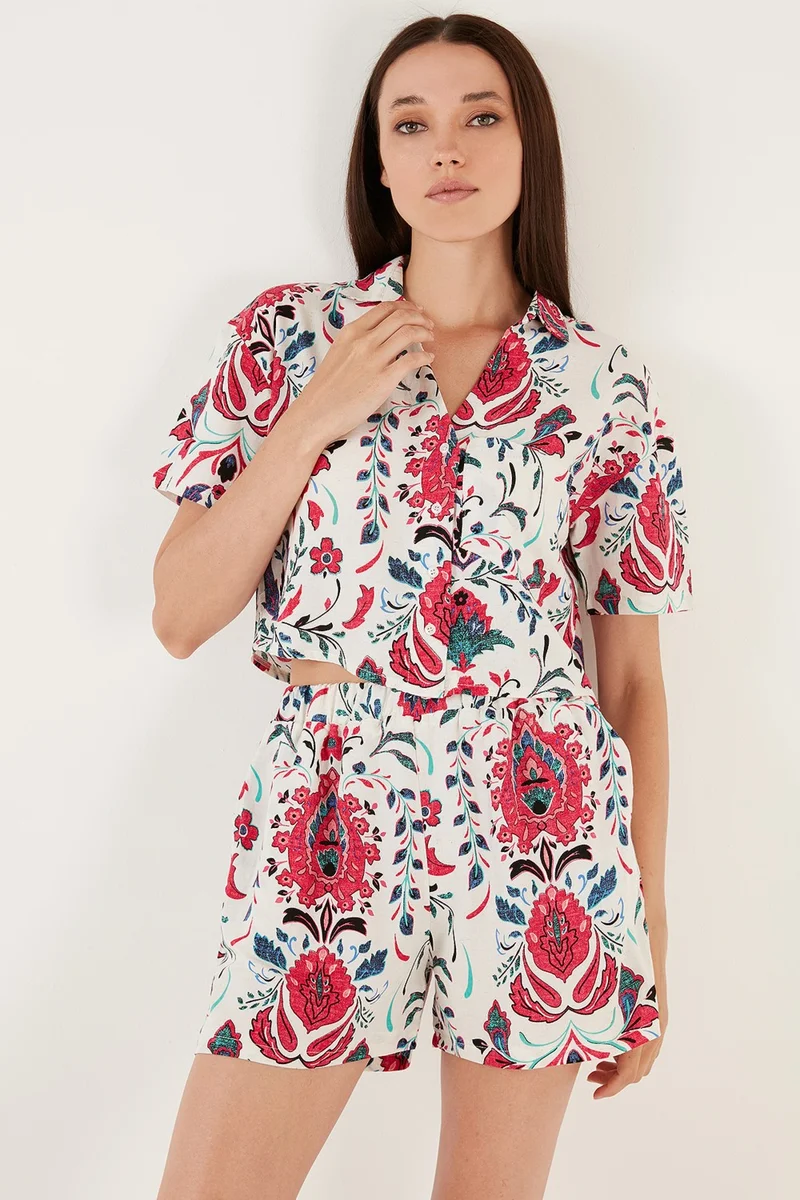 ليلا Patterned Regular Fit Short Sleeve Shirt Collar with Shorts Women's Suit 5865215