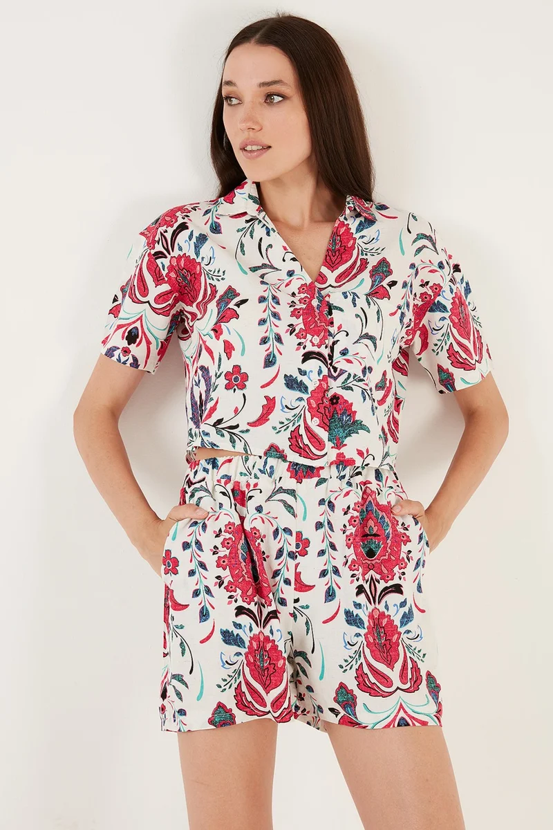 ليلا Patterned Regular Fit Short Sleeve Shirt Collar with Shorts Women's Suit 5865215