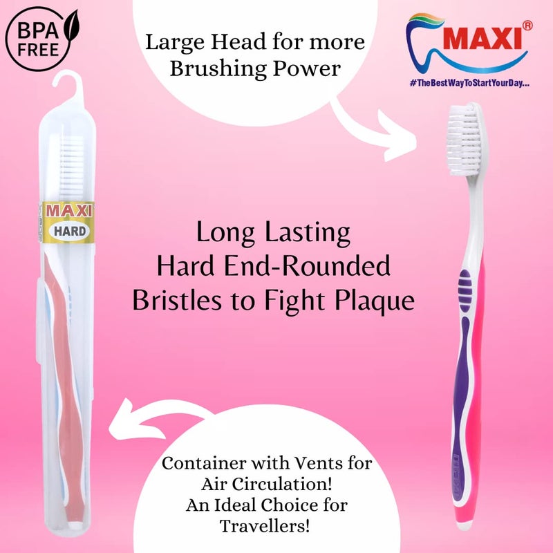 MAXI Adult Candy Hard Bristles Manual Toothbrush With Anti-Bacterial Container, Multicolor (Pack Of 4) - Image 2