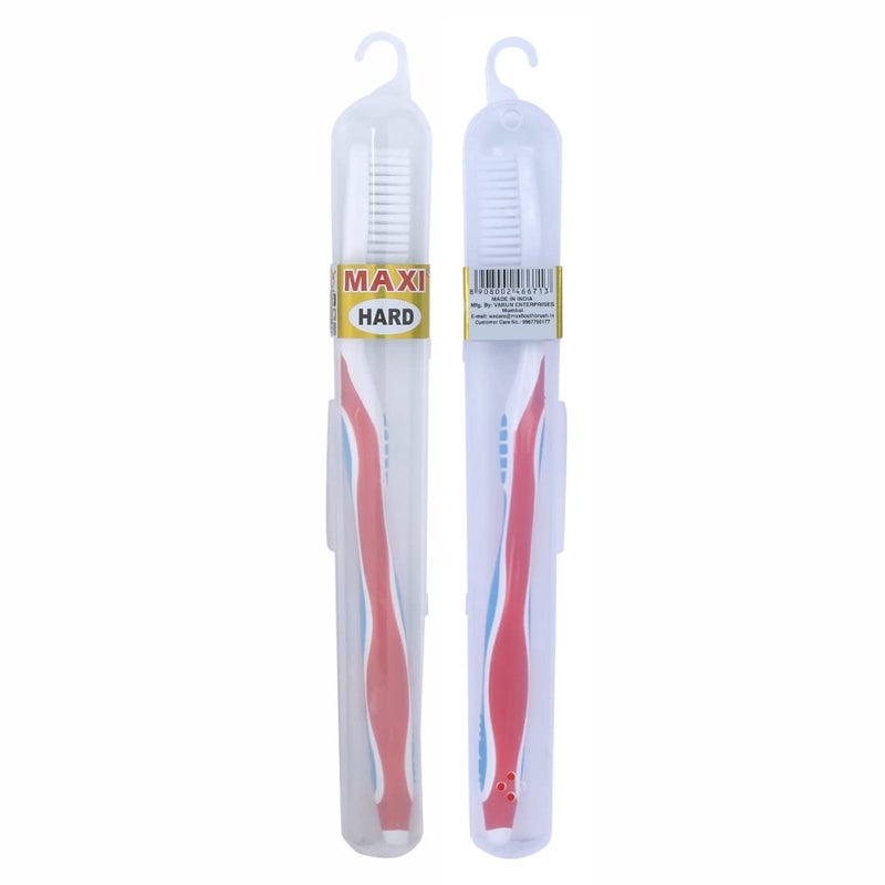 MAXI Adult Candy Hard Bristles Manual Toothbrush With Anti-Bacterial Container, Multicolor (Pack Of 4) - Image 3