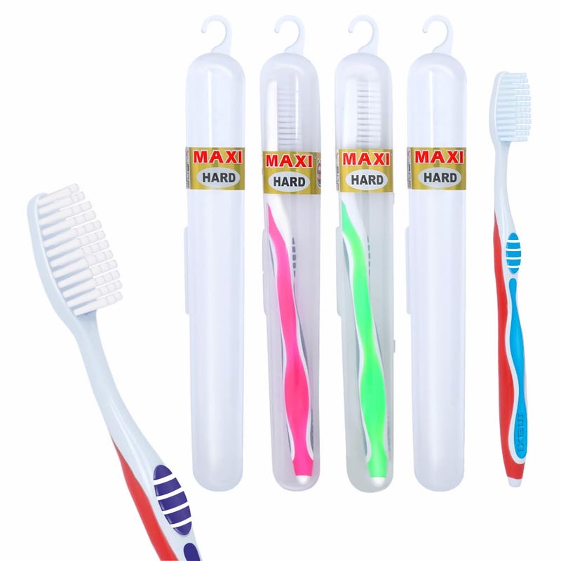 MAXI Adult Candy Hard Bristles Manual Toothbrush With Anti-Bacterial Container, Multicolor (Pack Of 4) - Image 1