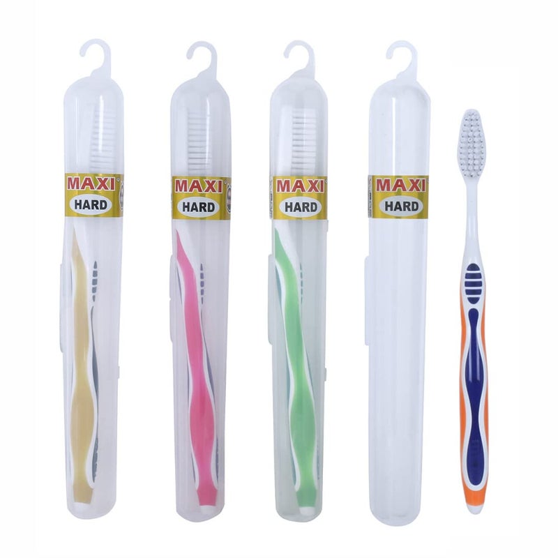 MAXI Adult Candy Hard Bristles Manual Toothbrush With Anti-Bacterial Container, Multicolor (Pack Of 4) - Image 4
