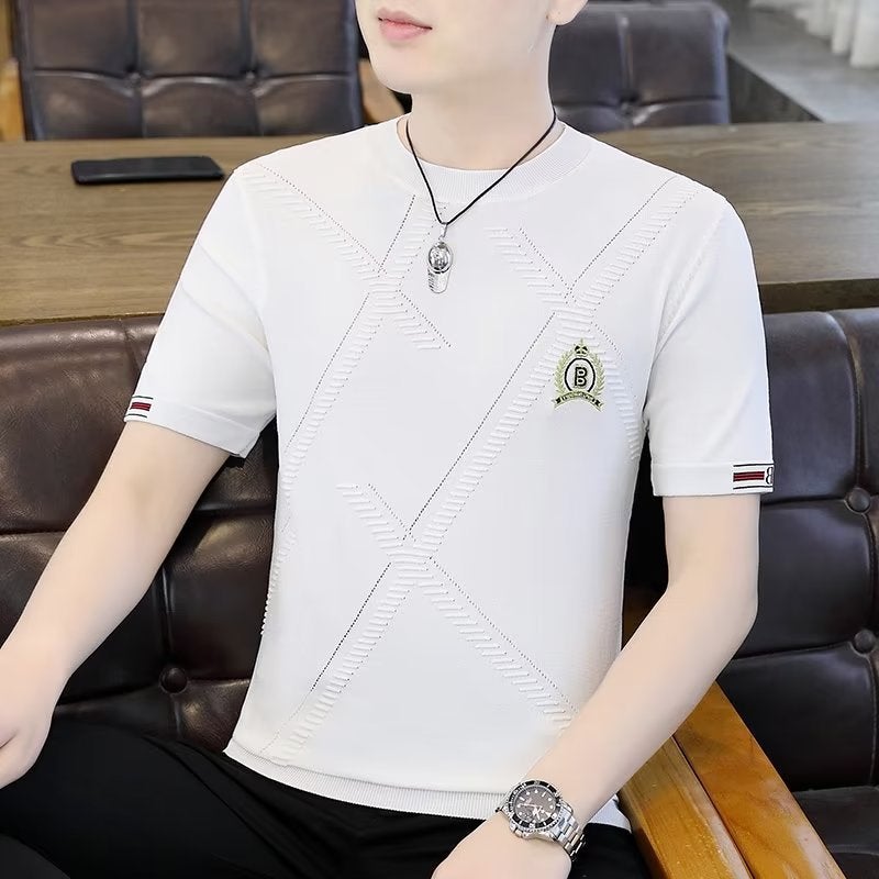 Summer Thin Short-Sleeved T-Shirt Men'S Trendy Brand New Embroidered Knitted Half-Sleeved Summer Top High-End Men'S T-Shirt All-Match - Image 3