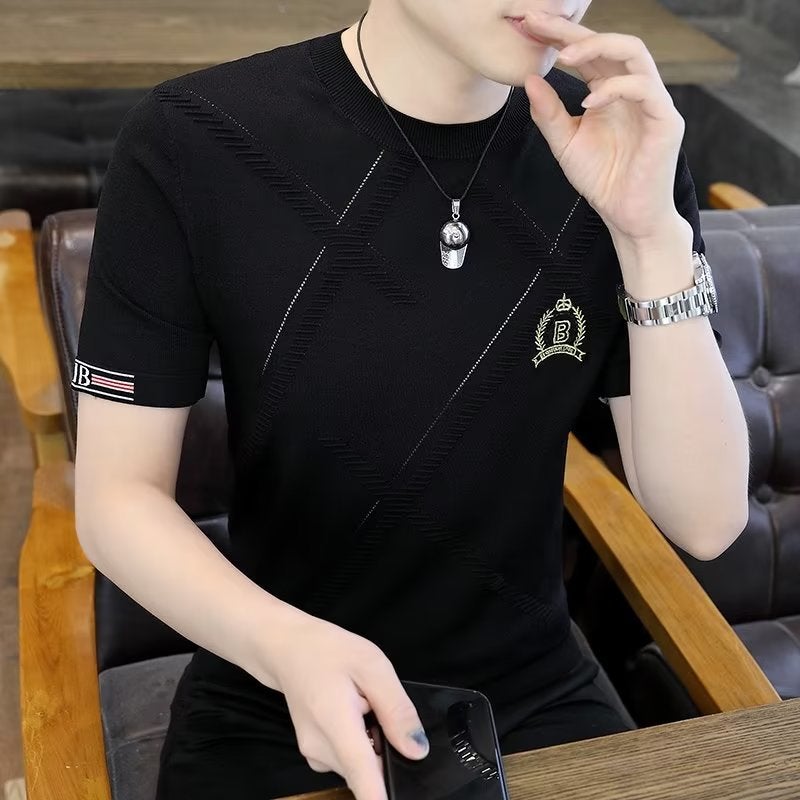 Summer Thin Short-Sleeved T-Shirt Men'S Trendy Brand New Embroidered Knitted Half-Sleeved Summer Top High-End Men'S T-Shirt All-Match - Image 2