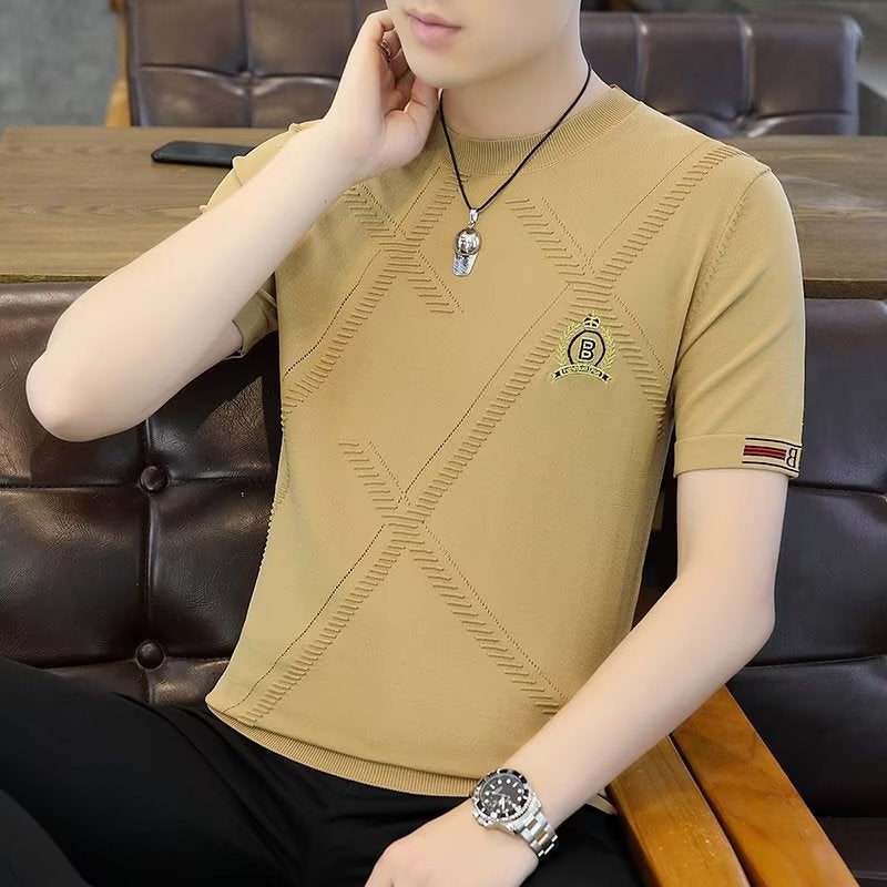 Summer Thin Short-Sleeved T-Shirt Men'S Trendy Brand New Embroidered Knitted Half-Sleeved Summer Top High-End Men'S T-Shirt All-Match - Image 5