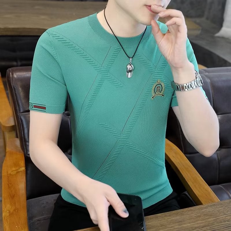Summer Thin Short-Sleeved T-Shirt Men'S Trendy Brand New Embroidered Knitted Half-Sleeved Summer Top High-End Men'S T-Shirt All-Match - Image 4