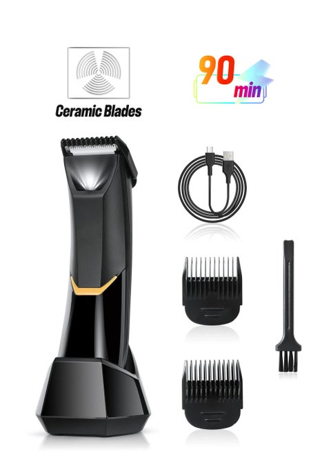 Men's Body Hair Trimmer Electric Razor with LED, Rechargeable Wet and Dry Grooming Clipper for Sensitive Areas, Includes Dock and 2 Limit Combs in Black