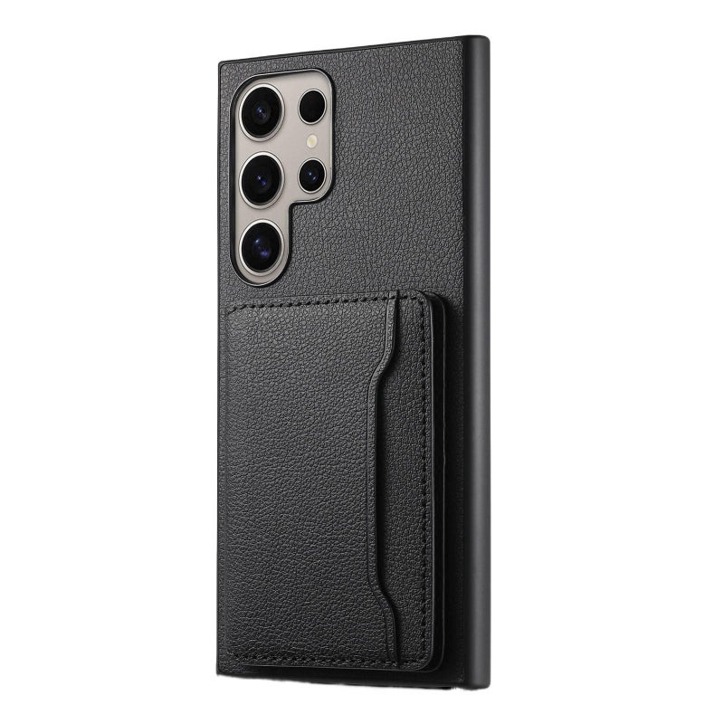 Drop Protection Samsung Galaxy S24 Leather Texture with Card Holder and Kickstand in Black with Lightweight Carry - Image 1