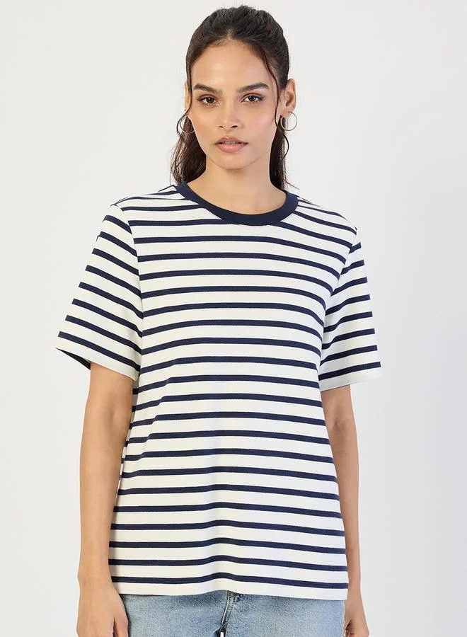 Femmella Navy Striped Knit Crew Neck T-Shirt