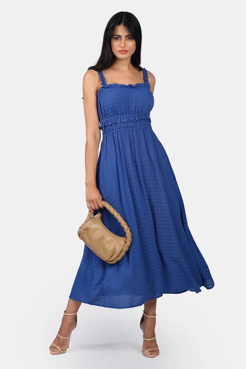 فيرجيو Solid Viscose Ruched Ruffle Midi Dress for Women