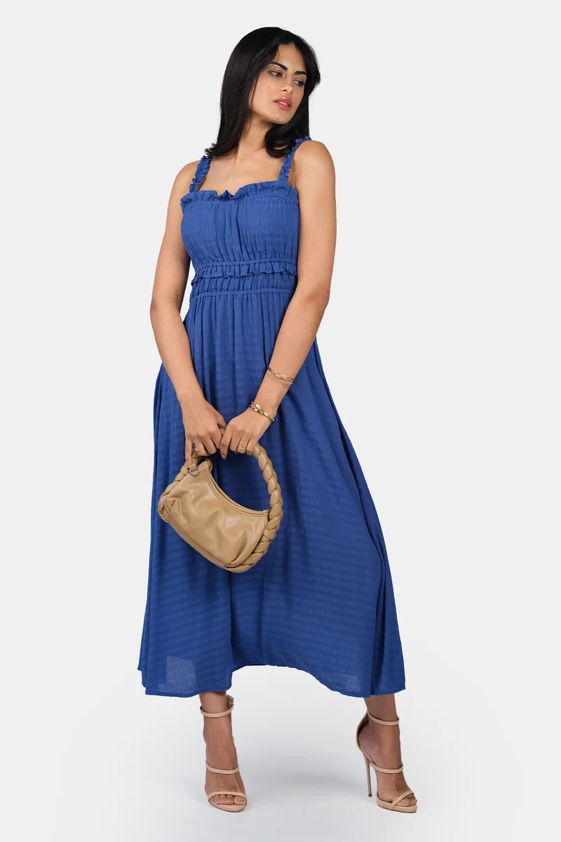 فيرجيو Solid Viscose Ruched Ruffle Midi Dress for Women