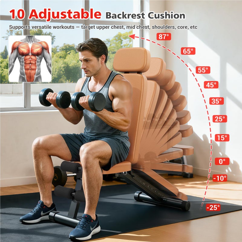 XDDIAS Workout Bench, 10 Backrests Adjustable Weight Bench with Extended Headrest, 800LBS Foldable Weight Bench for Home Gym, Incline Decline Flat Bench Compact for Small Space Training, Brown - Image 2