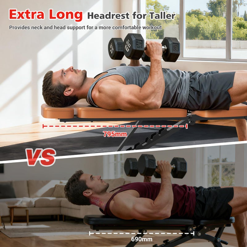 XDDIAS Workout Bench, 10 Backrests Adjustable Weight Bench with Extended Headrest, 800LBS Foldable Weight Bench for Home Gym, Incline Decline Flat Bench Compact for Small Space Training, Brown - Image 4