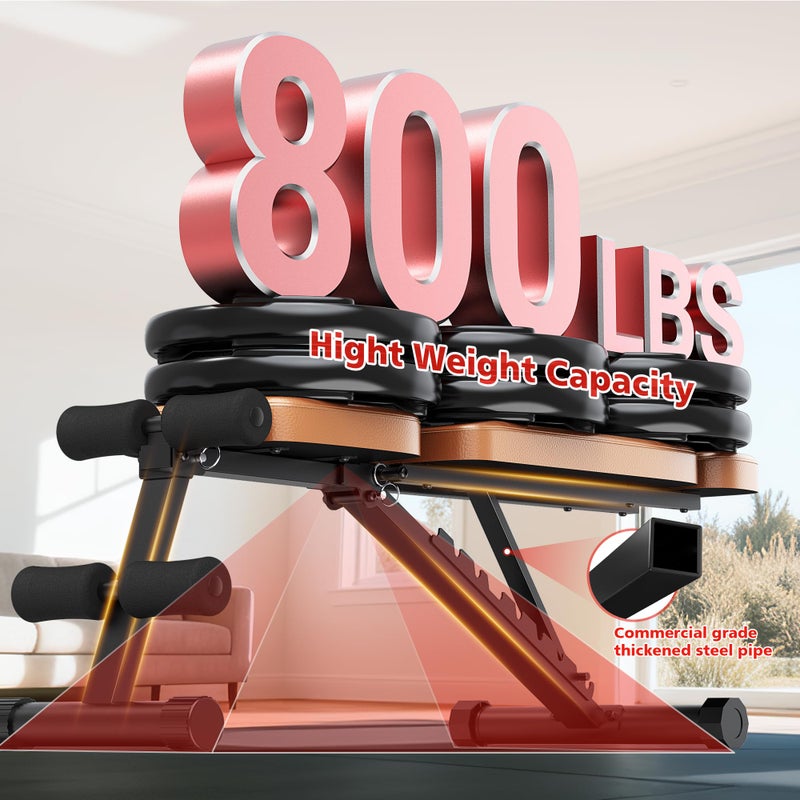XDDIAS Workout Bench, 10 Backrests Adjustable Weight Bench with Extended Headrest, 800LBS Foldable Weight Bench for Home Gym, Incline Decline Flat Bench Compact for Small Space Training, Brown - Image 3