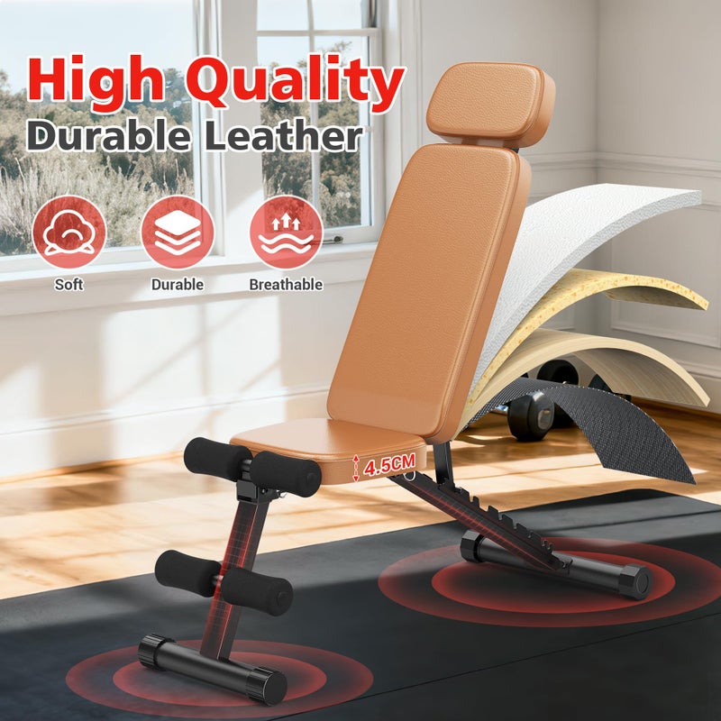 XDDIAS Workout Bench, 10 Backrests Adjustable Weight Bench with Extended Headrest, 800LBS Foldable Weight Bench for Home Gym, Incline Decline Flat Bench Compact for Small Space Training, Brown - Image 5