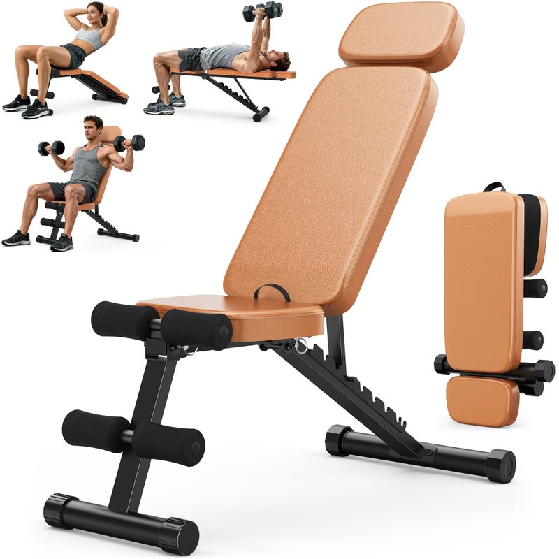 XDDIAS Workout Bench, 10 Backrests Adjustable Weight Bench with Extended Headrest, 800LBS Foldable Weight Bench for Home Gym, Incline Decline Flat Bench Compact for Small Space Training, Brown - Image 1
