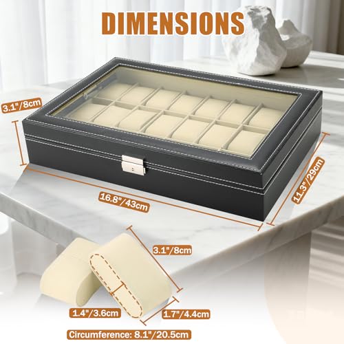 MAOPINER 24 Slot Watch Box, Premium Watch Case with Glass Display Lid, Watch Storage Organizer, Portable Wristwatch Display Case & Travel Watch Case with Removable Pillows - Image 2