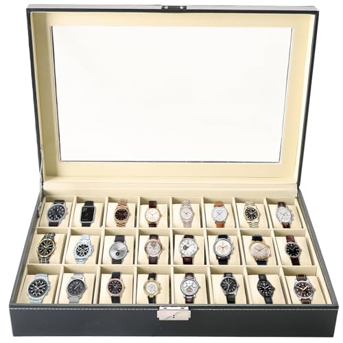 MAOPINER 24 Slot Watch Box, Premium Watch Case with Glass Display Lid, Watch Storage Organizer, Portable Wristwatch Display Case & Travel Watch Case with Removable Pillows - Image 1