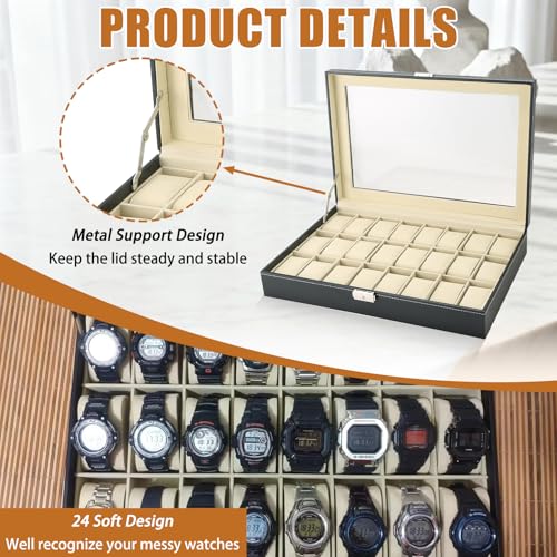 MAOPINER 24 Slot Watch Box, Premium Watch Case with Glass Display Lid, Watch Storage Organizer, Portable Wristwatch Display Case & Travel Watch Case with Removable Pillows - Image 5