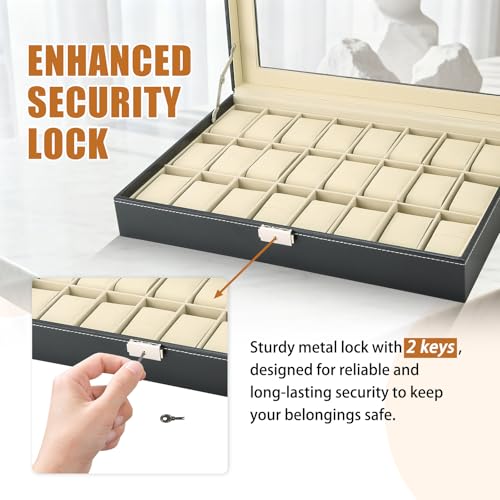 MAOPINER 24 Slot Watch Box, Premium Watch Case with Glass Display Lid, Watch Storage Organizer, Portable Wristwatch Display Case & Travel Watch Case with Removable Pillows - Image 4