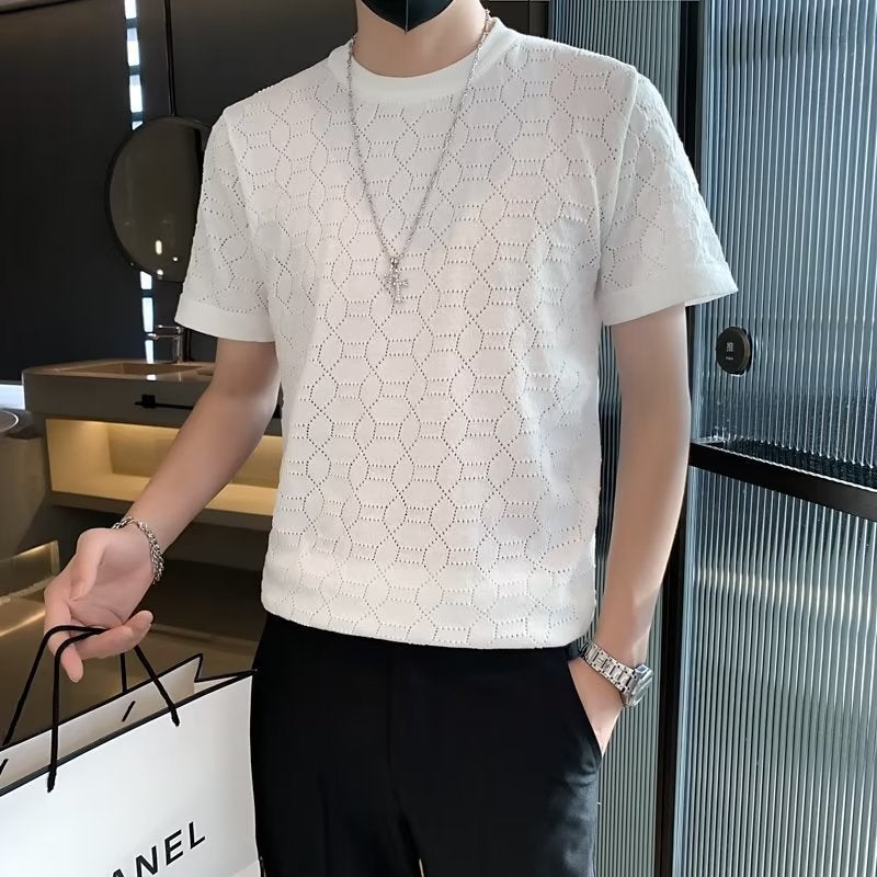Ice Silk Short-Sleeved T-Shirt Men'S Summer Thin Diamond Hollow-Out Cool-Feeling Casual Half-Sleeved Korean Style Slim-Fit Round Neck T-Shirt - Image 5