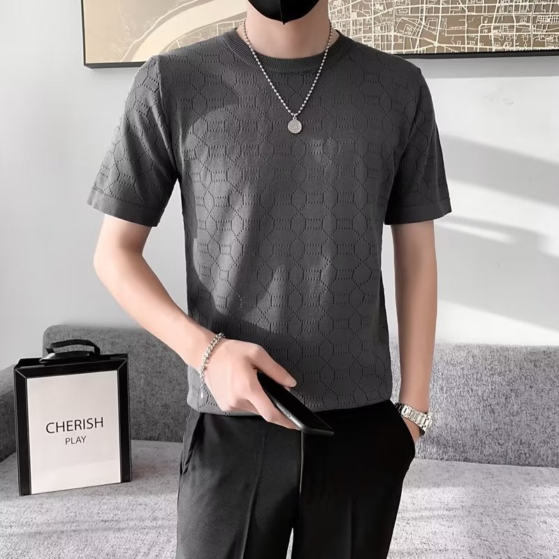 Ice Silk Short-Sleeved T-Shirt Men'S Summer Thin Diamond Hollow-Out Cool-Feeling Casual Half-Sleeved Korean Style Slim-Fit Round Neck T-Shirt - Image 1