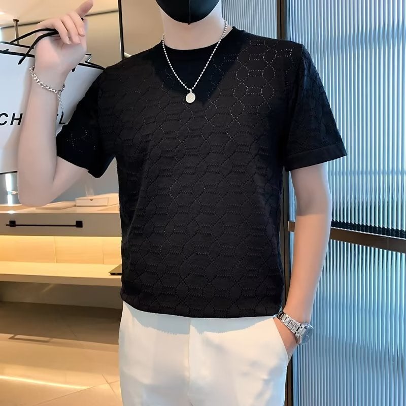 Ice Silk Short-Sleeved T-Shirt Men'S Summer Thin Diamond Hollow-Out Cool-Feeling Casual Half-Sleeved Korean Style Slim-Fit Round Neck T-Shirt - Image 2