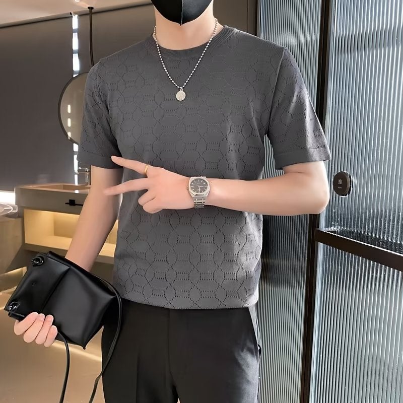 Ice Silk Short-Sleeved T-Shirt Men'S Summer Thin Diamond Hollow-Out Cool-Feeling Casual Half-Sleeved Korean Style Slim-Fit Round Neck T-Shirt - Image 3