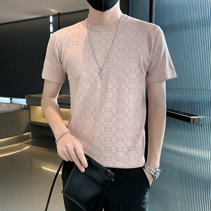 Ice Silk Short-Sleeved T-Shirt Men'S Summer Thin Diamond Hollow-Out Cool-Feeling Casual Half-Sleeved Korean Style Slim-Fit Round Neck T-Shirt - Image 4
