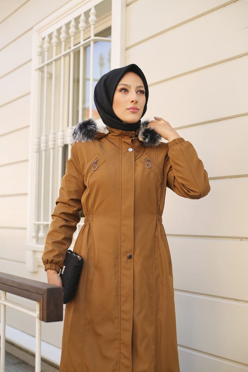 Vibeys Collection Brown Fur Lined and Waterproof Women's Winter Coat & Jacket  - Image 2