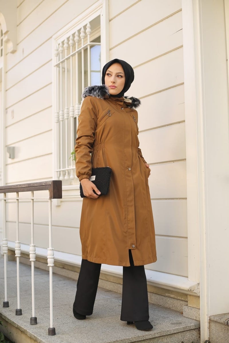 Vibeys Collection Brown Fur Lined and Waterproof Women's Winter Coat & Jacket  - Image 3