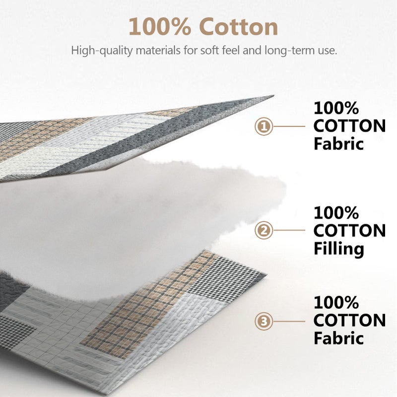 DUOHONG Quilts King Size, King Quilt Bedding Set Bedspread, 100% Cotton Patchwork Quilt for King Bed, 3 Pieces Plaid Farmhouse Reversible Lightweight Comforter Bed Spread, Grey/Tan/Black - Image 4