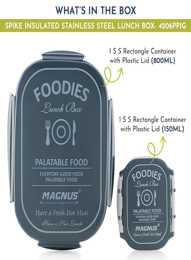 Magnus Spike Grey Stainless Steel Lunch Box - 800ml & 150ml Leakproof Containers, Insulated Airtight Tiffin Set with Detachable Clips & Cover - Ideal Lunch Box for Kids, Office Men, Women, School - Image 2