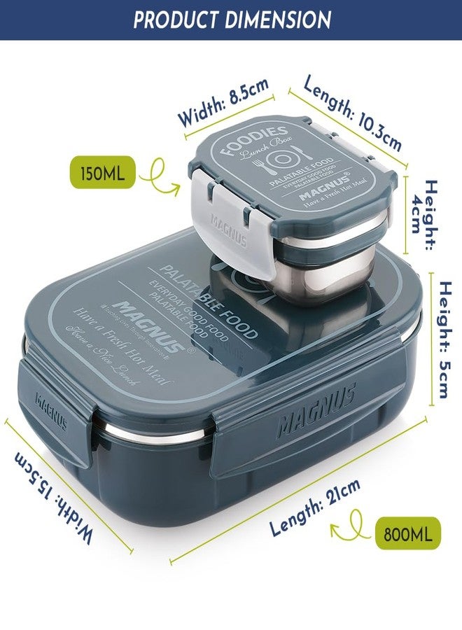 Magnus Spike Grey Stainless Steel Lunch Box - 800ml & 150ml Leakproof Containers, Insulated Airtight Tiffin Set with Detachable Clips & Cover - Ideal Lunch Box for Kids, Office Men, Women, School - Image 3