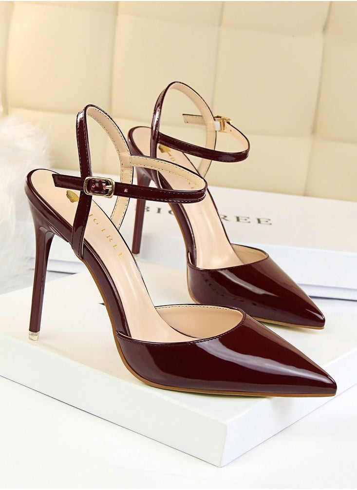 BIGTREE Women's Closed Pointed Toe 10.5 CM High Heels With Adjustable Ankle Strap Sandals Shoes Stiletto Pumps Wine Red  - Image 2