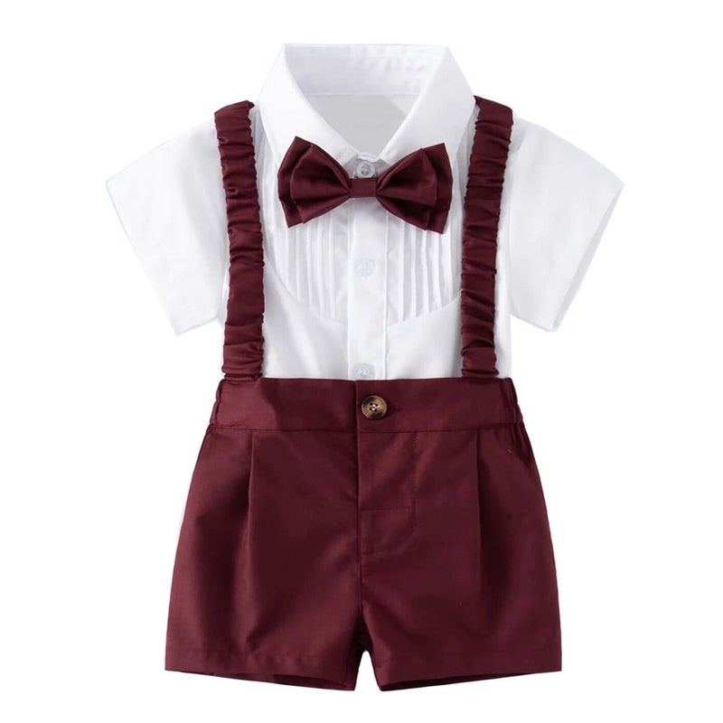 Pure Color childrens performance clothing cross-border summer new short-sleeved shorts childrens clothing baby overalls bow suit generation hair Wine red