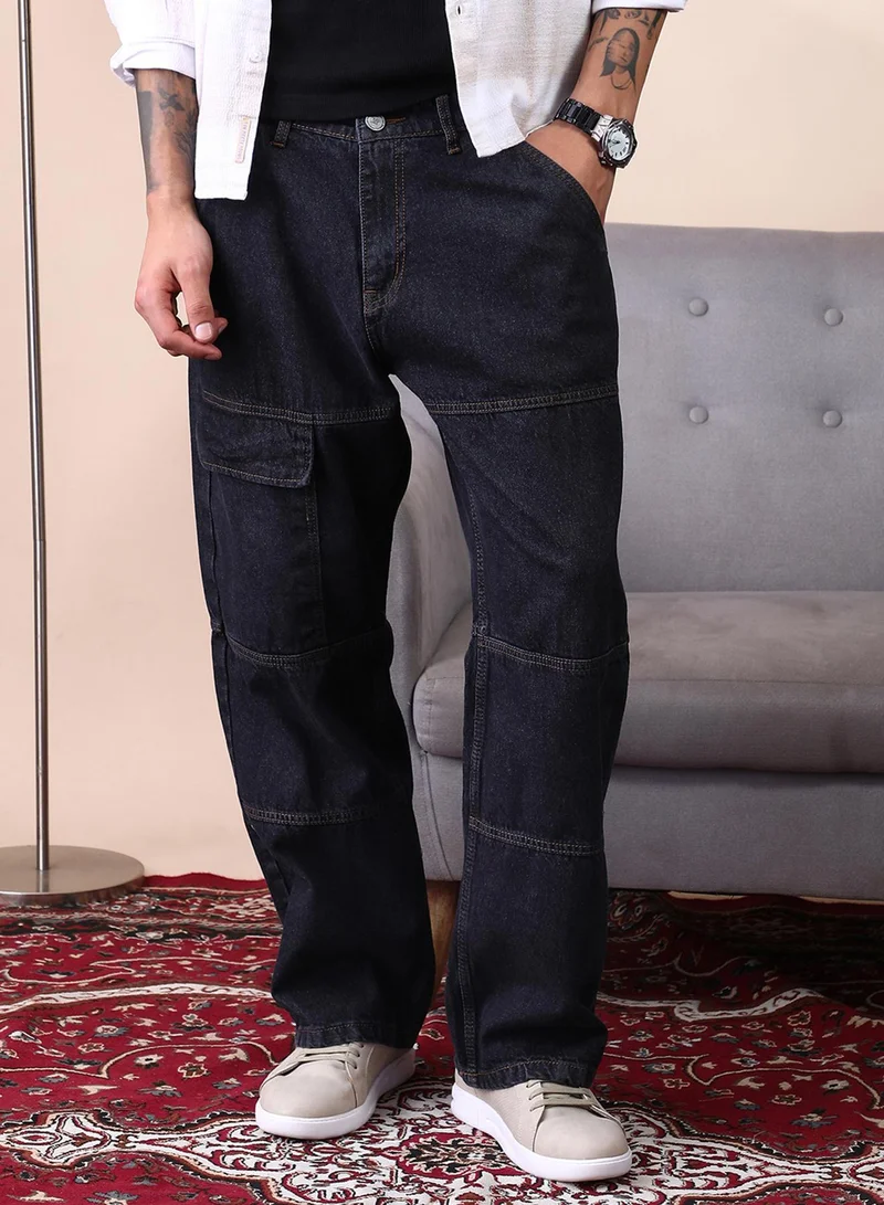Campus Sutra Campus Sutra Men's Dark Blue Panelled-Utility Denim Jeans For Casual Wear | Mid-Rise | Straight Fit | Button Closure | Denim Jeans Crafted With Comfort Fit For Everyday Wear