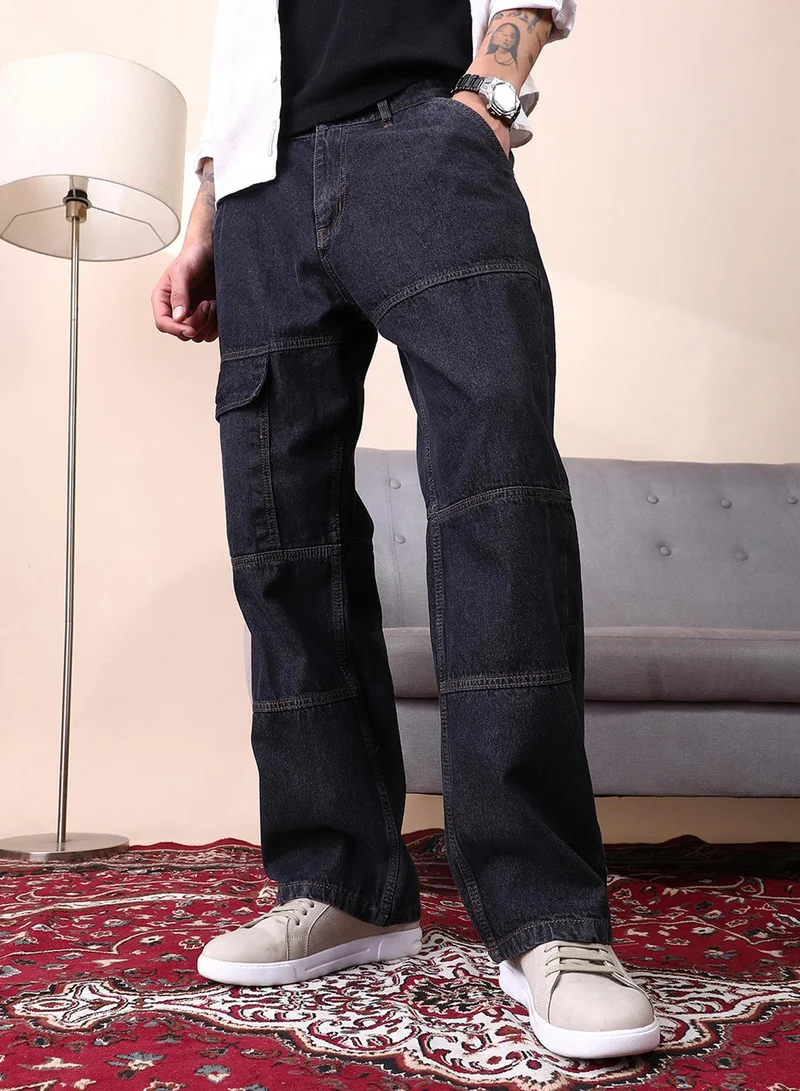Campus Sutra Campus Sutra Men's Dark Blue Panelled-Utility Denim Jeans For Casual Wear | Mid-Rise | Straight Fit | Button Closure | Denim Jeans Crafted With Comfort Fit For Everyday Wear