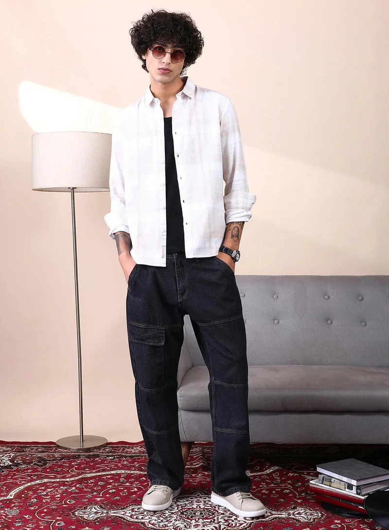 Campus Sutra Campus Sutra Men's Dark Blue Panelled-Utility Denim Jeans For Casual Wear | Mid-Rise | Straight Fit | Button Closure | Denim Jeans Crafted With Comfort Fit For Everyday Wear