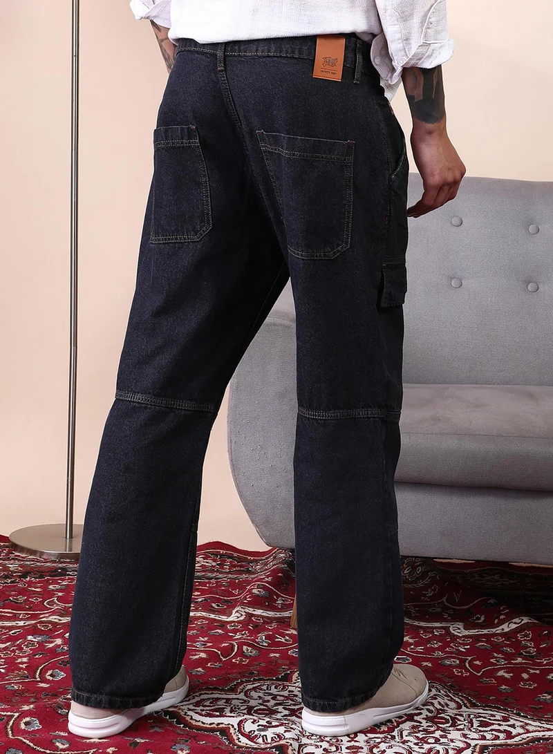 Campus Sutra Campus Sutra Men's Dark Blue Panelled-Utility Denim Jeans For Casual Wear | Mid-Rise | Straight Fit | Button Closure | Denim Jeans Crafted With Comfort Fit For Everyday Wear