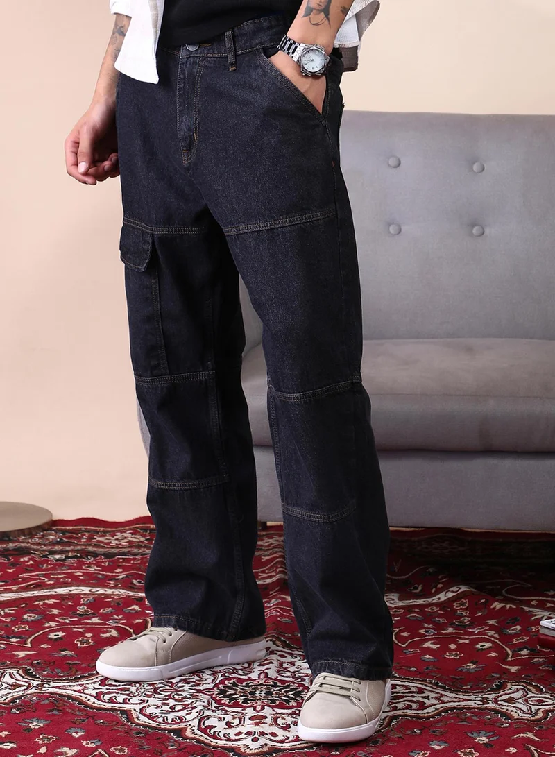 Campus Sutra Campus Sutra Men's Dark Blue Panelled-Utility Denim Jeans For Casual Wear | Mid-Rise | Straight Fit | Button Closure | Denim Jeans Crafted With Comfort Fit For Everyday Wear