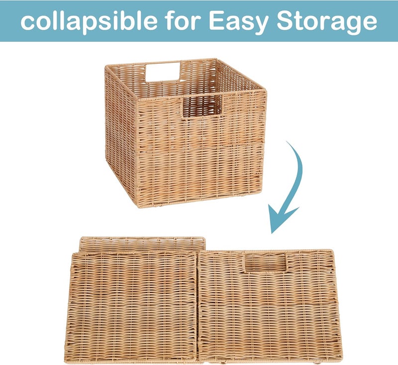 DINGTAI 12X12X10in Plastic Wicker Storage Basket, Collapsible Wicker Cube Storage for Shelves, Woven Plastic Storage Basket for Pantry, Bedroom, Living Room, Bathroom, Shelves-3 Pack - Image 5