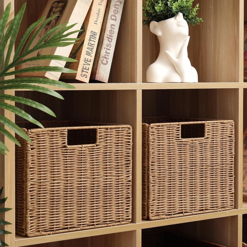 DINGTAI 12X12X10in Plastic Wicker Storage Basket, Collapsible Wicker Cube Storage for Shelves, Woven Plastic Storage Basket for Pantry, Bedroom, Living Room, Bathroom, Shelves-3 Pack - Image 3