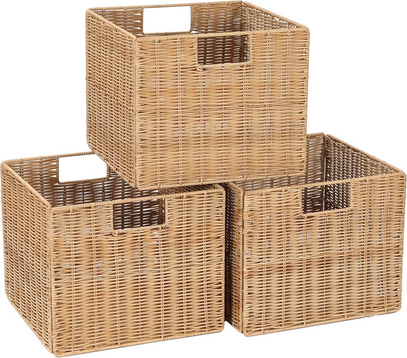 DINGTAI 12X12X10in Plastic Wicker Storage Basket, Collapsible Wicker Cube Storage for Shelves, Woven Plastic Storage Basket for Pantry, Bedroom, Living Room, Bathroom, Shelves-3 Pack - Image 1