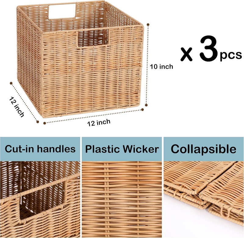 DINGTAI 12X12X10in Plastic Wicker Storage Basket, Collapsible Wicker Cube Storage for Shelves, Woven Plastic Storage Basket for Pantry, Bedroom, Living Room, Bathroom, Shelves-3 Pack - Image 4