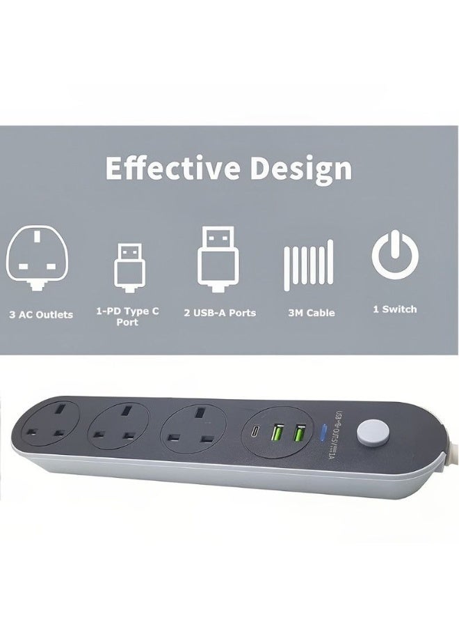 PowerMax Power Strip, Multi-function Power Socket, 3-Port Splitter with 2 USB Ports and 1 USB-C Port with Ultra-Fast PD Technology, Multi-Port Socket Suitable for All Devices, Extra Long 5 Meters - Image 5