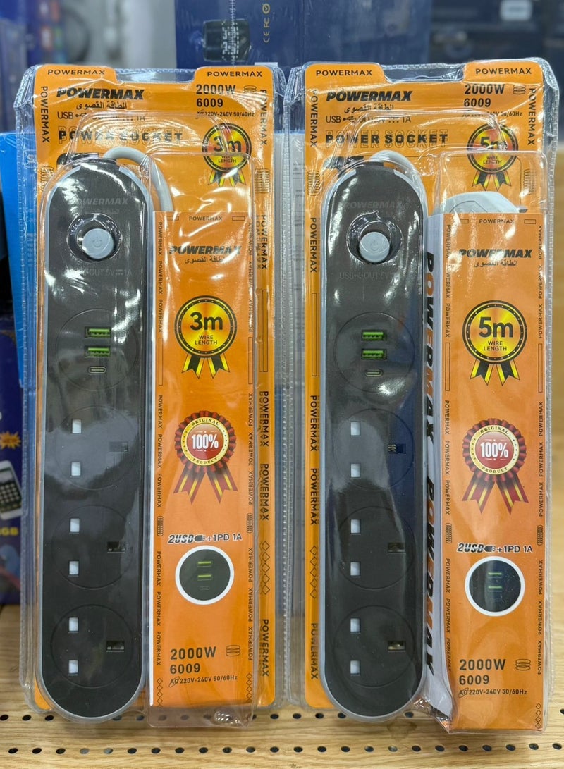 PowerMax Power Strip, Multi-function Power Socket, 3-Port Splitter with 2 USB Ports and 1 USB-C Port with Ultra-Fast PD Technology, Multi-Port Socket Suitable for All Devices, Extra Long 5 Meters - Image 1